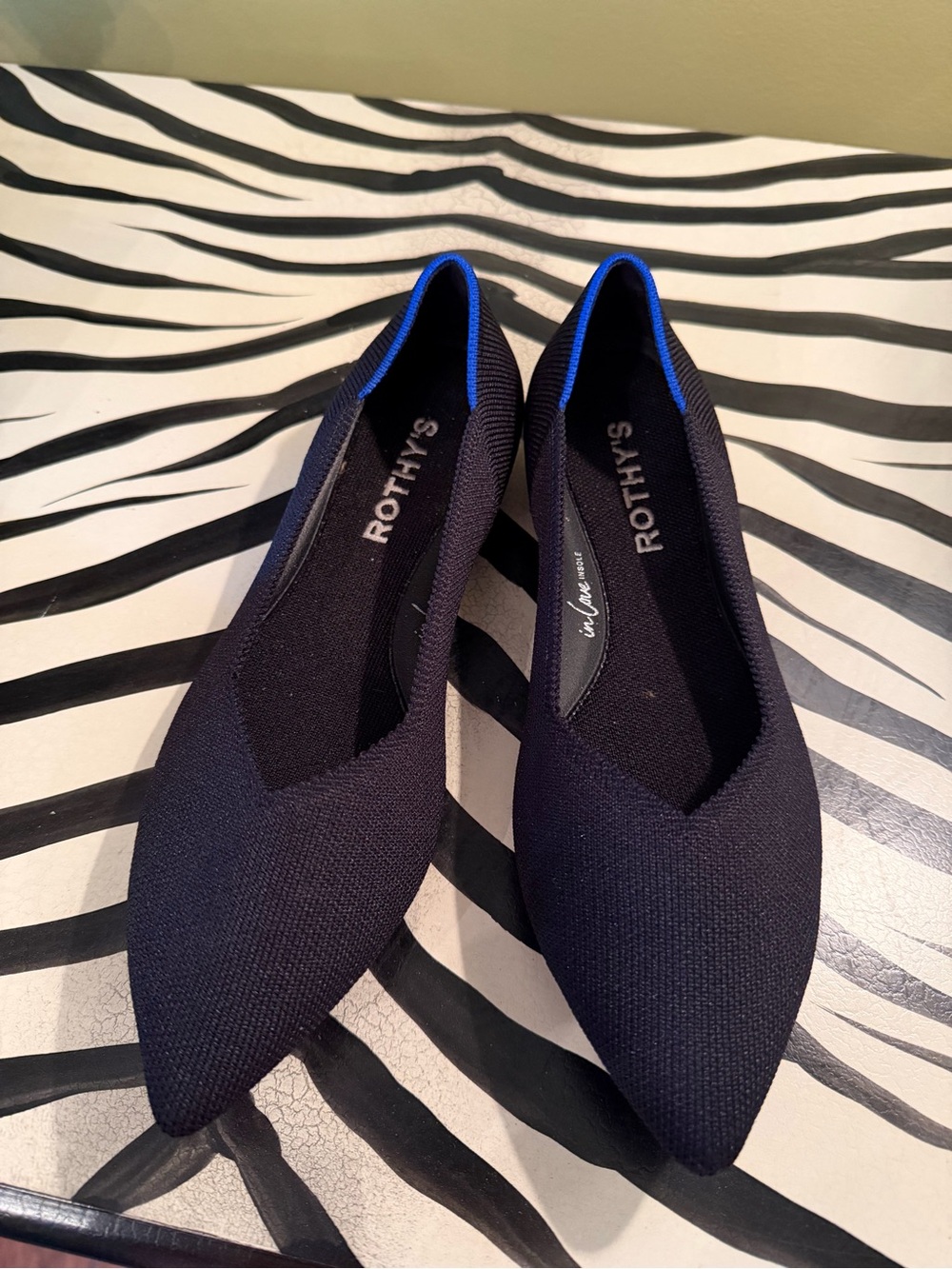 Rothy's Black Pointed Knit Flats with Blue Trim